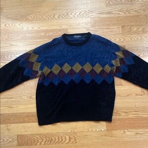 Brandini Large Blue and Brown Crewneck Knit Sweater with Argyle Pattern